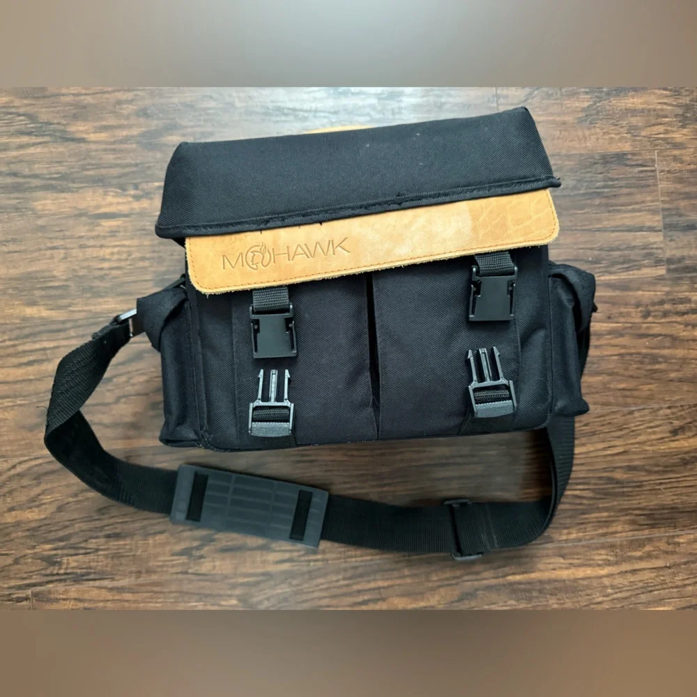 Mohawk Camera Bag Black Padded Multi-Pockets Tan Leather Strap